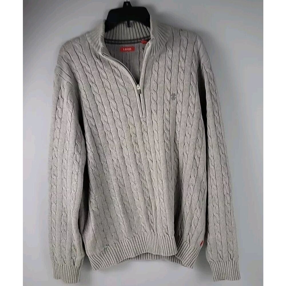 Izod 1/4‎ Zip Sweater Men's Large Gray Cable Knit Long Sleeve Emboridered Logo